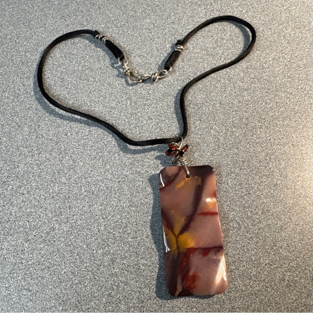 Mookaite Jasper Necklace, 16" Cord, Red Beads, 2 1/2" Long Pendant